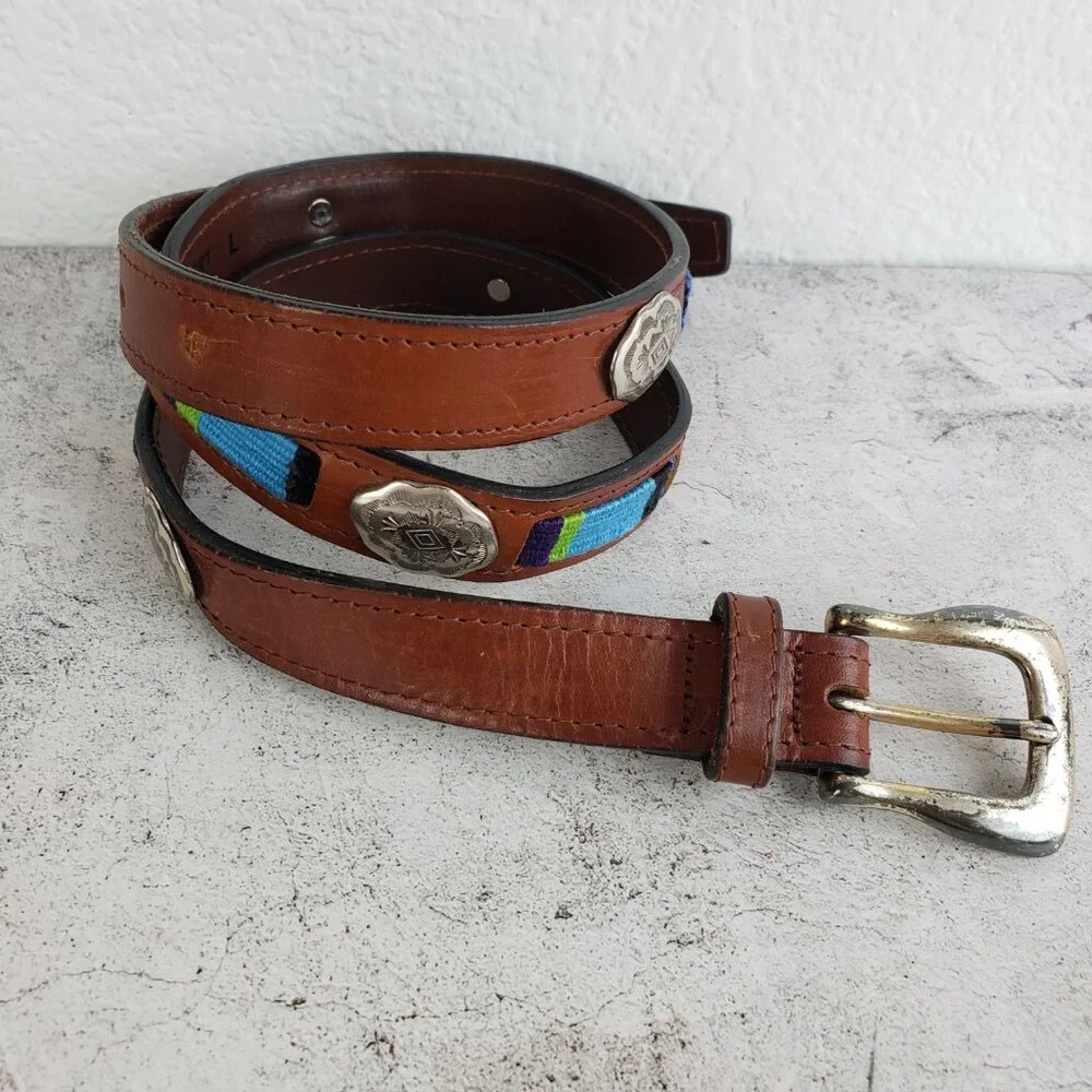 Vintage FOSSIL Leather Belt Bohemian Western Concho Embellished Embroidered sz L
